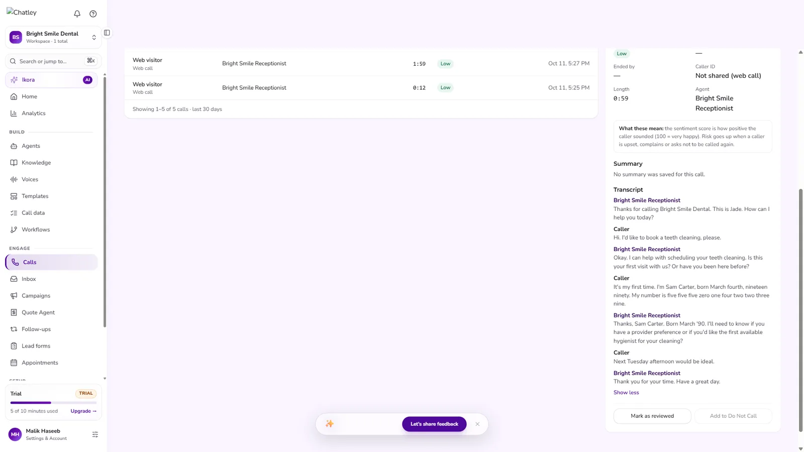 Call detail with transcript